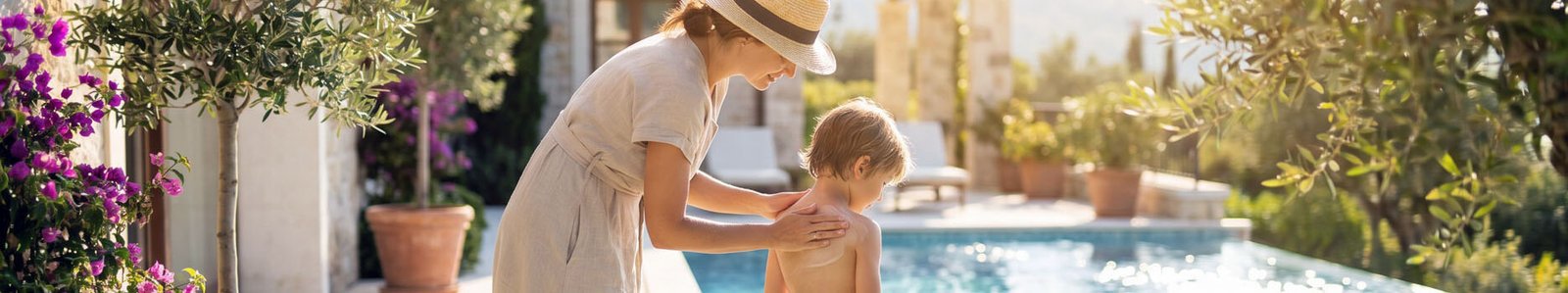 Femme appliquant une crème solaire SPF 50 sur le dos d’un enfant près d’une piscine, protection solaire visage et corps en vacances