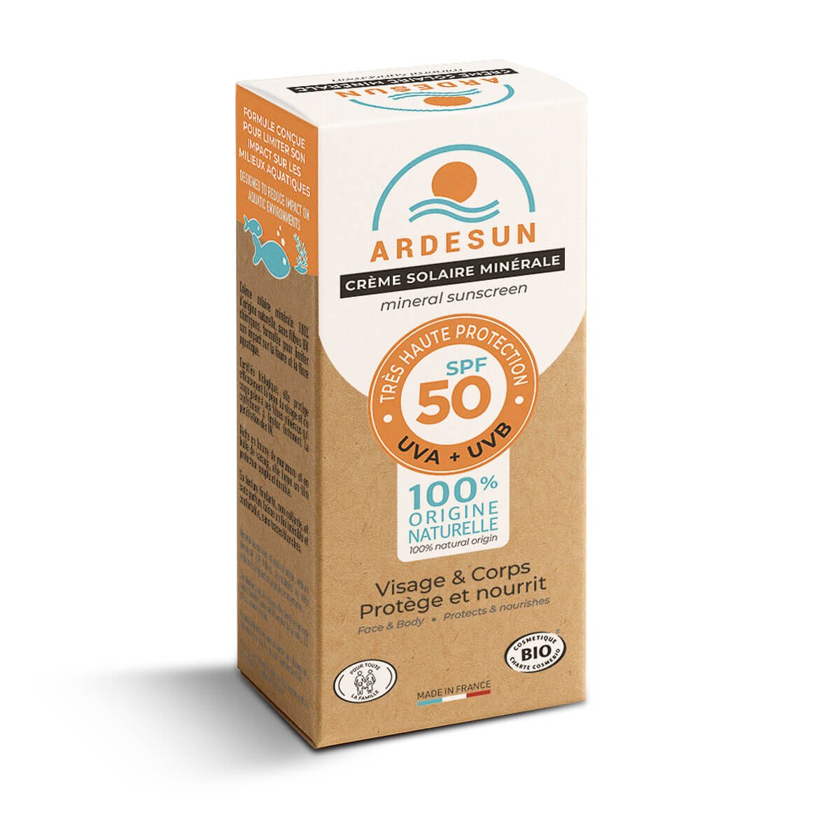 Boîte carton kraft de la crème solaire minérale SPF 50 ARDESUN, protection UVA UVB visage et corps, 100% origine naturelle