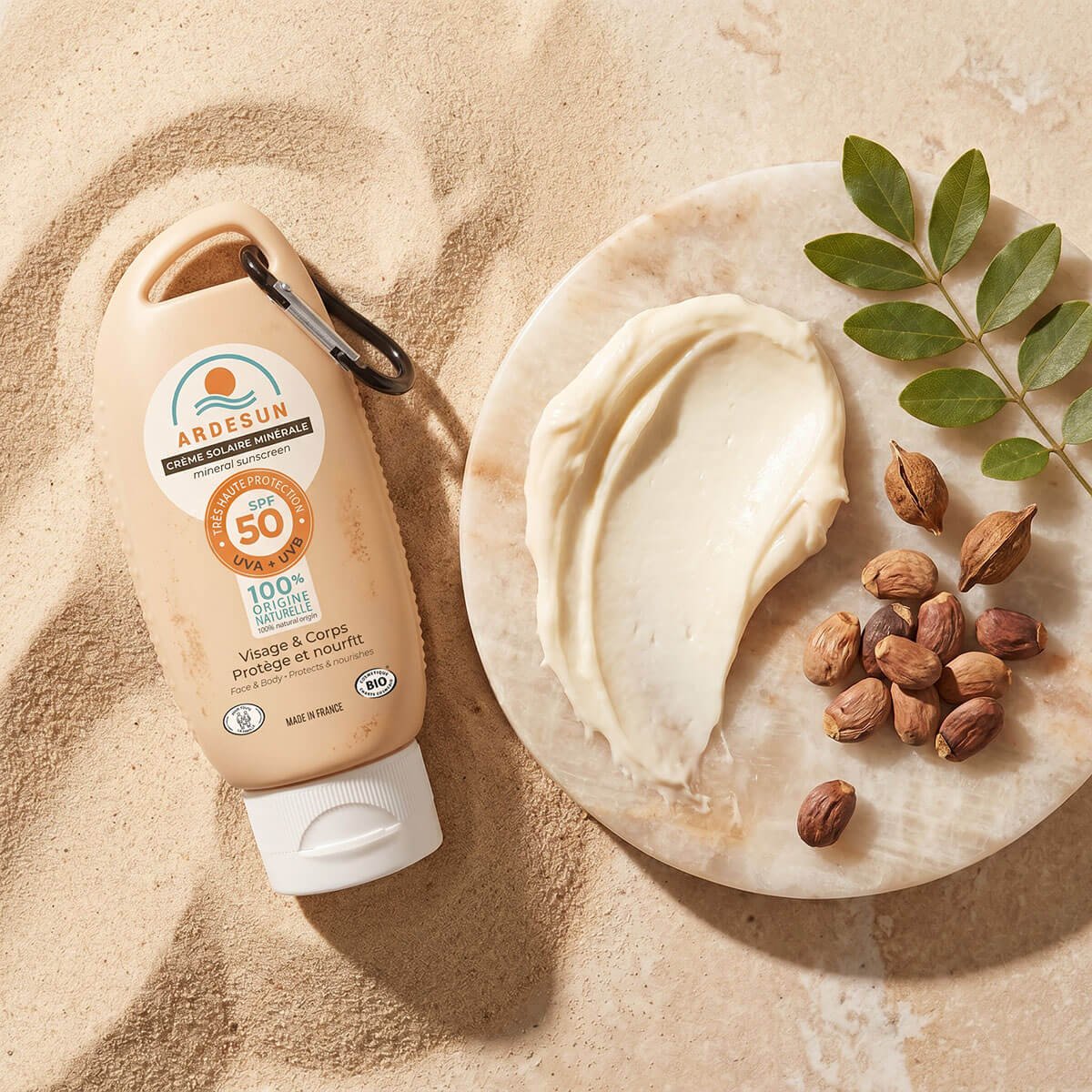 Mineral sunscreen SPF 50 with murumuru butter and karanja oil, natural texture for face and body