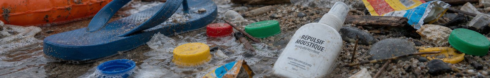 Plastic spray bottle washed ashore among debris on a beach