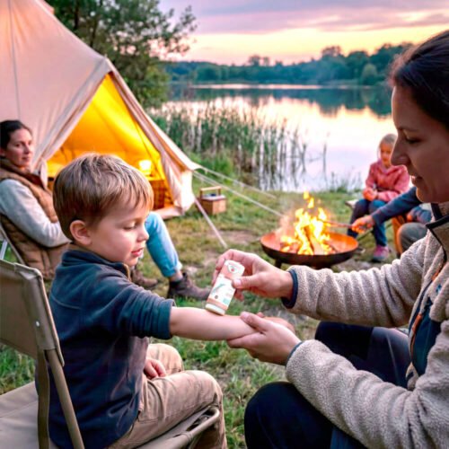 Application du stick répulsif anti-moustiques ARDESUN sur un enfant lors d’un camping au bord de l’eau