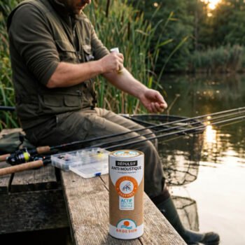 Stick répulsif anti-moustiques ARDESUN utilisé lors d’une sortie pêche au bord de l’eau