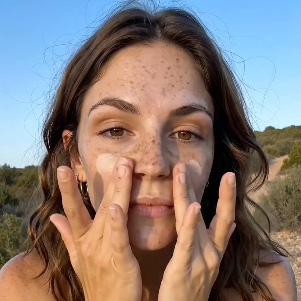 Application de la crème solaire minérale SPF 50 ARDESUN sur le visage